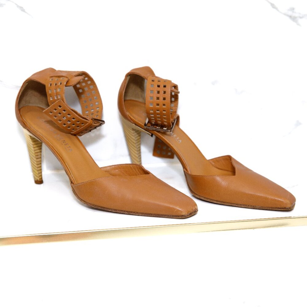 Vintage Bottega Veneta Heels Wide Cutout Ankle Cuff Tan Brown Leather Size 8.5/8